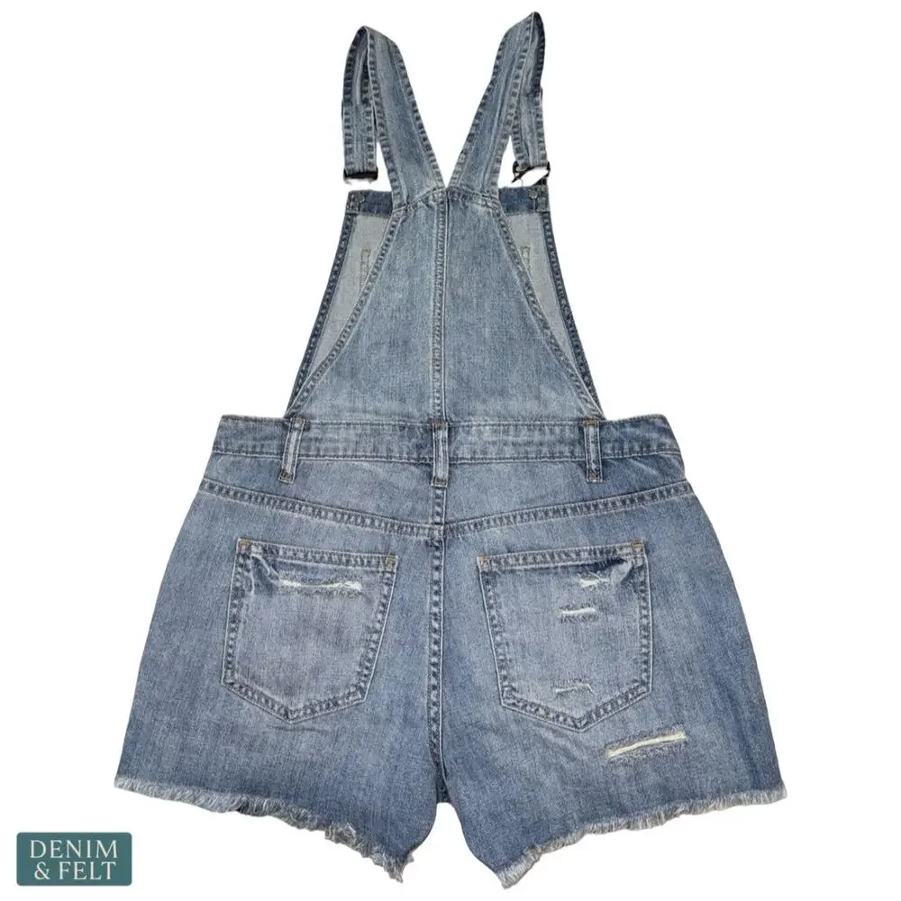 Sneak Peek Denim Short Overalls‎ Distressed Frayed Hem Bib Shorts Blue Casual
